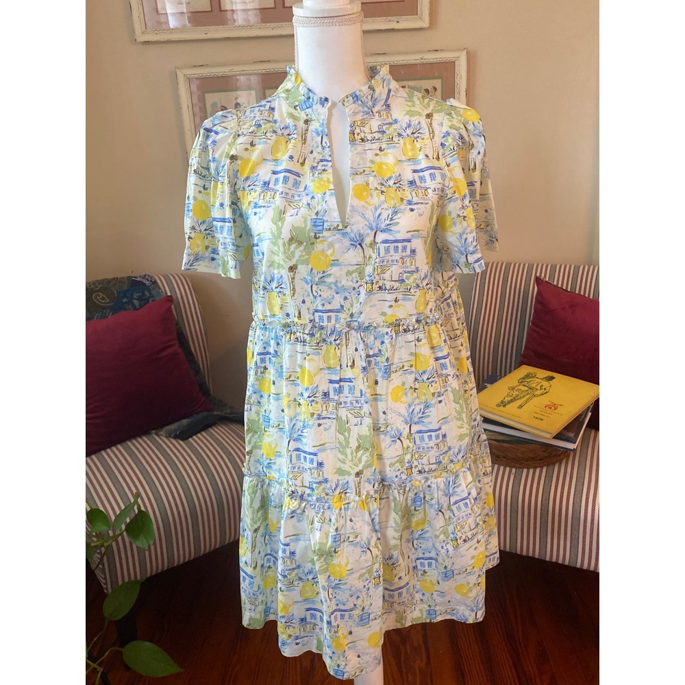 Avara Mediterranean Lemon Print Tiered Mini Dress Blue Yellow Sz s boho Cottage - Picture 2 of 10